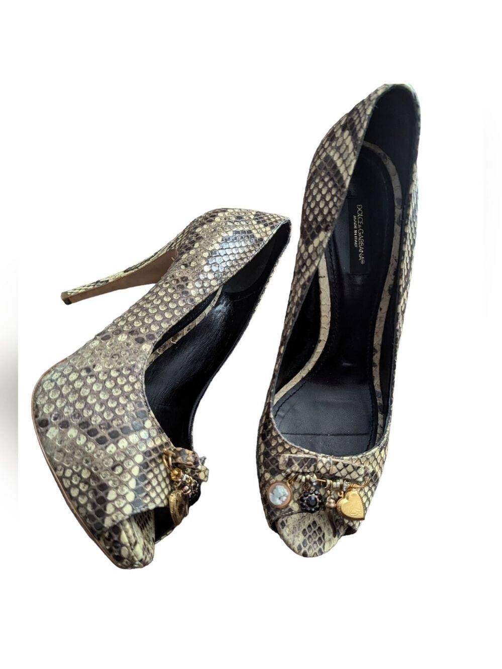 DOLCE & GABBANA Python Leather With CHARMS BROACH Peep Toe Pumps